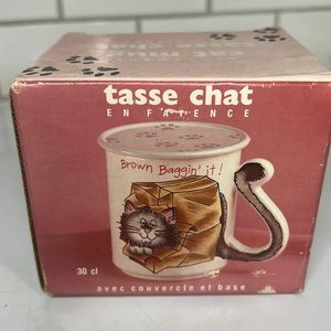 Vintage "Brown Baggin' It" Stoneware Cat Mug  with Lid Japan